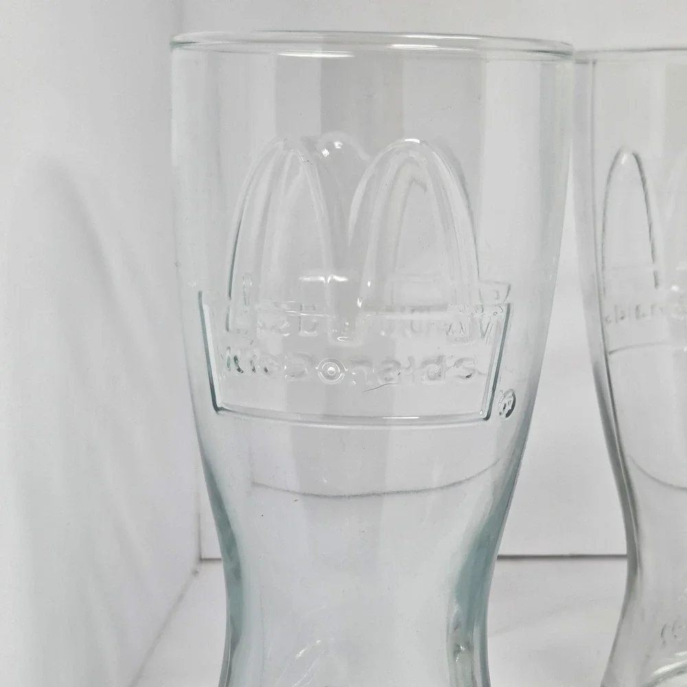 Vintage 1992 McDonalds Embossed Glass Tumblers Set of 3 Clear Golden Arches 6in